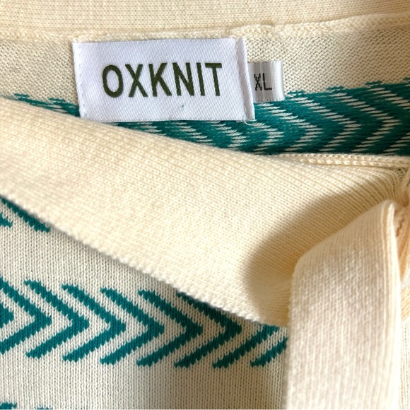 Oxknit Sweater Women’s XL 60s Retro Geo Mod Style Cotton Long Sleeve Teal Cream - Picture 16 of 16